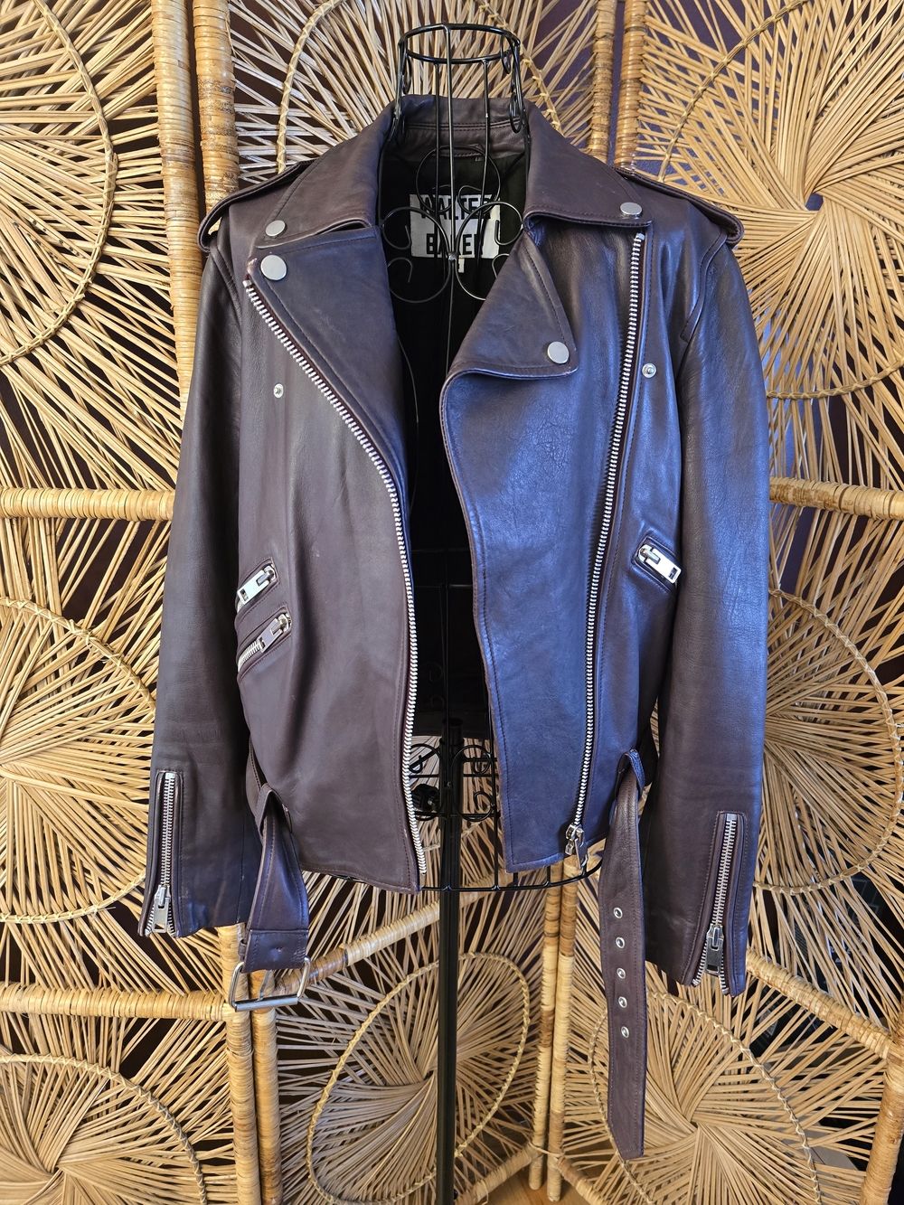 π Walter Baker Dark Purple Leather Biker Jacket with Silver Hardware